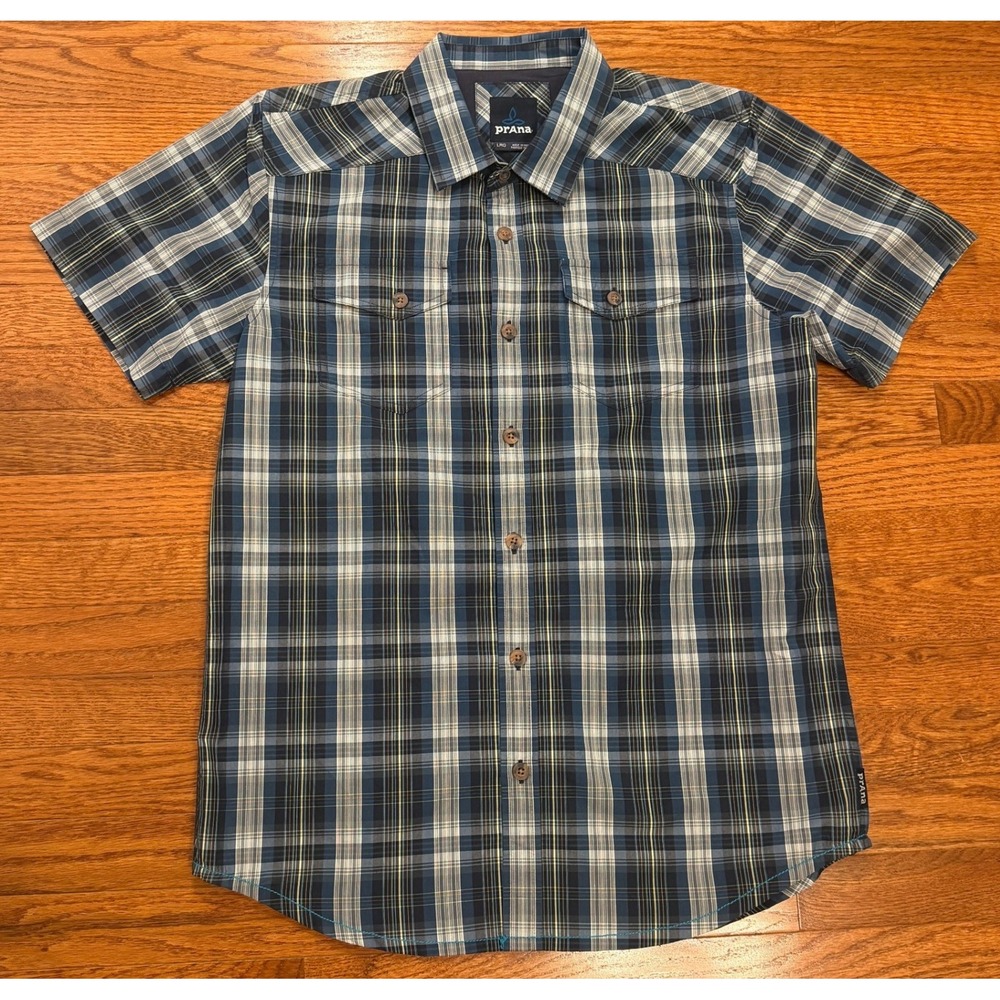 Prana Murdock Shirt Mens Large Blue Plaid Button Down Outdoor Hiking Casual